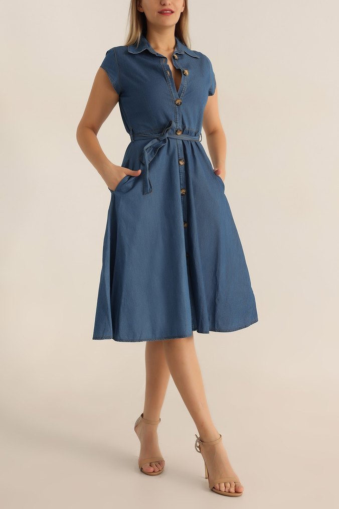 Kemerli Lacivert Midi Kot Elbise - Görsel 2