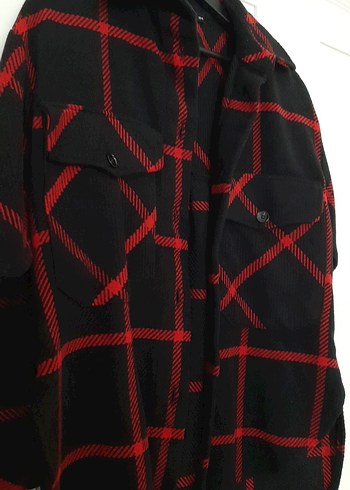 Kırmızı Siyah Kareli Düğmeli Kadın Kalın Gömlek - Görsel 5