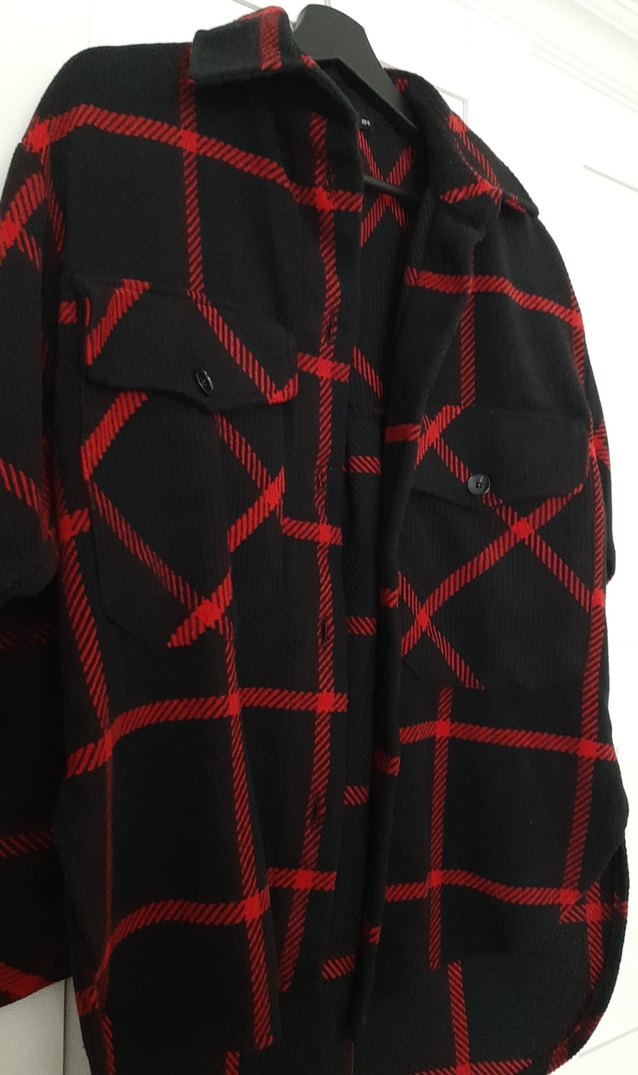 Kırmızı Siyah Kareli Düğmeli Kadın Kalın Gömlek - Görsel 5