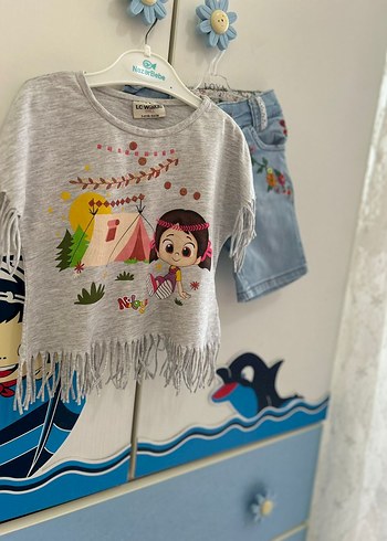 LC Waikiki Gri Püsküllü Baskılı Kız Bebek Takım