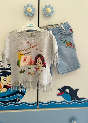 Gri Püsküllü Baskılı Kız Bebek Takım