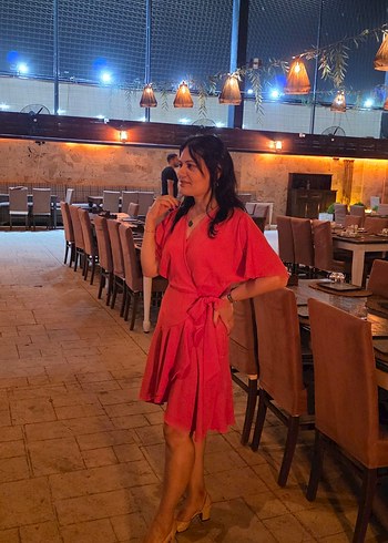 Pembe V Yaka Salaş Midi Elbise - Görsel 2