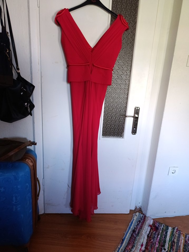 Kırmızı Drapeli V Yaka Uzun Abiye Elbise - Görsel 2