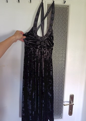 Siyah Gotik Midi Strappy V Yaka Elbise