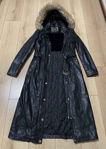 Jument marka Uzun Siyah Deri Kadın Ceket Kürklü Kapüşonlu - Görsel 2