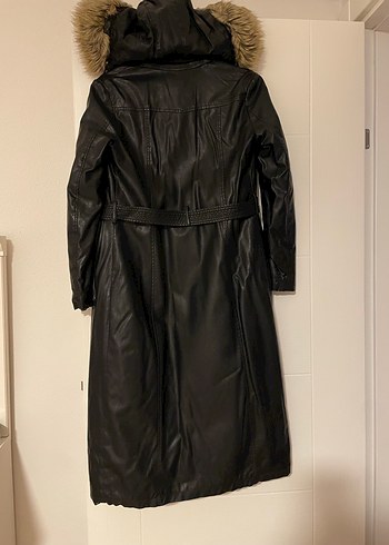 Jument marka Uzun Siyah Deri Kadın Ceket Kürklü Kapüşonlu - Görsel 3