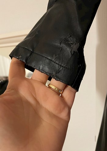 Jument marka Uzun Siyah Deri Kadın Ceket Kürklü Kapüşonlu - Görsel 7