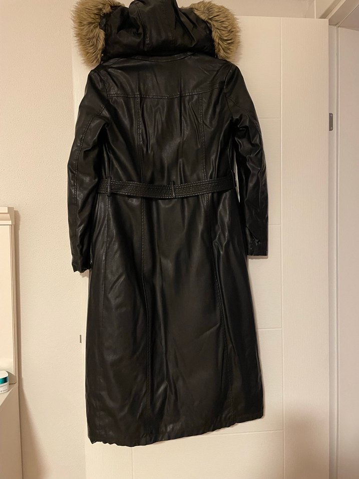 Jument marka Uzun Siyah Deri Kadın Ceket Kürklü Kapüşonlu - Görsel 3