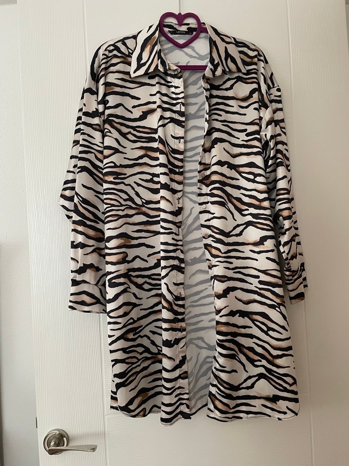 Saten Uzun Kollu Zebra Desenli Kadın Gömlek - Görsel 3