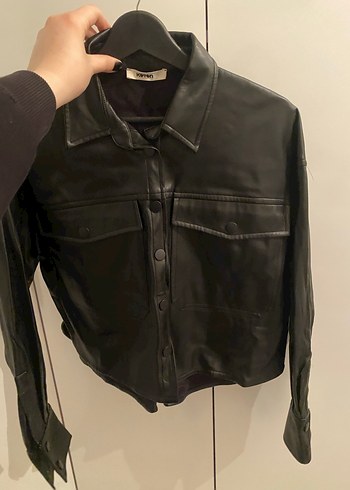 Düğmeli Siyah Deri Kadın Ceket - Görsel 3
