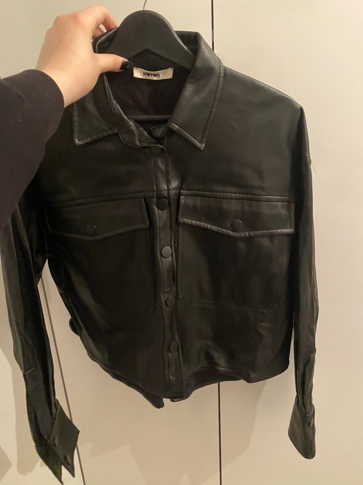 Düğmeli Siyah Deri Kadın Ceket - Görsel 3