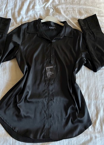 Siyah Saten Kadin Gömlek - Görsel 2
