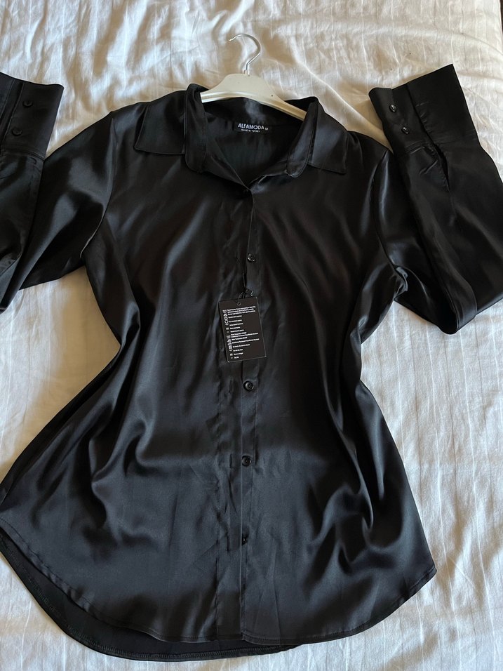 Siyah Saten Kadin Gömlek - Görsel 2