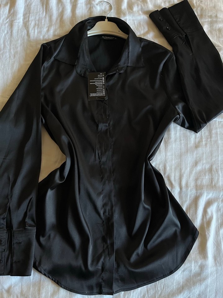 Siyah Saten Kadin Gömlek - Görsel 4