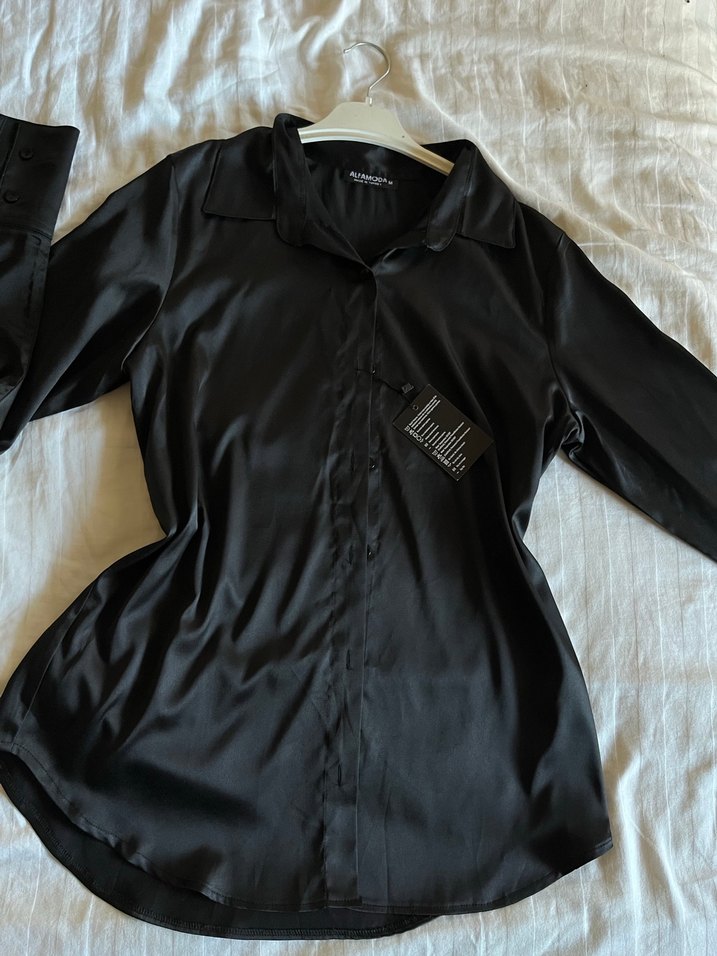 Siyah Saten Kadin Gömlek - Görsel 3