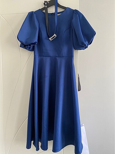 Midi saks rengi elbise - Görsel 5