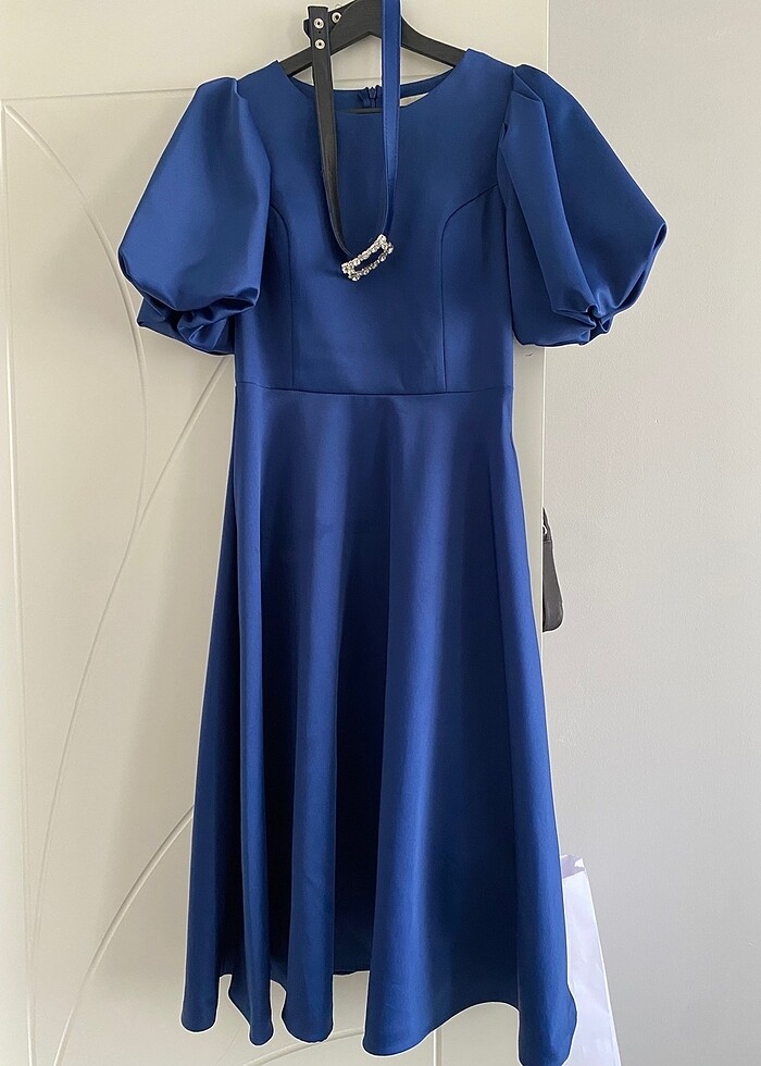 Midi saks rengi elbise - Görsel 5