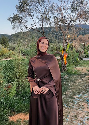 s Beden Ahel tasarım Drapeli Kahverengi Uzun Kadın Elbise