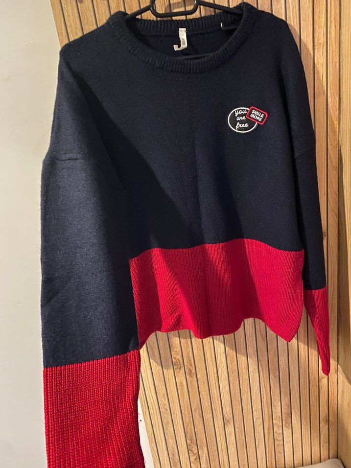 Kadın Kırmızı Siyah Örgü Triko Kazak - Görsel 3