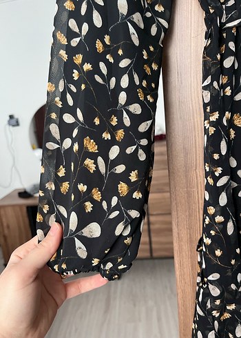 Desenli Pilili Siyah Uzun Kollu Uzun Elbise - Görsel 3