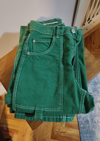Düğmeli Yeşil Loose Fit Midi Kot