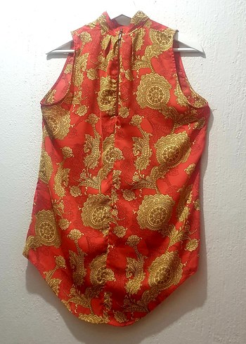 Ayhan Kırmızı Desenli kolsuz Kadın Bluz gömlek L beden - Görsel 5