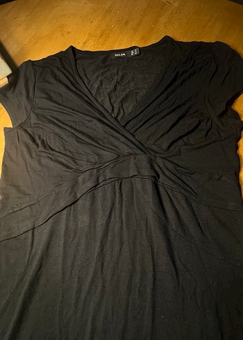 Siyah V Yakalı Kısa Kollu Midi Elbisesi - Görsel 2