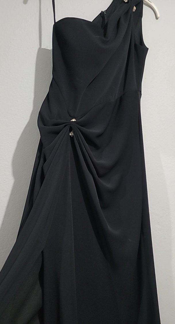 Siyah Drapeli Straplez Uzun Kadın Elbise - Görsel 3