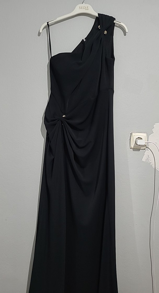 Siyah Drapeli Straplez Uzun Kadın Elbise - Görsel 2