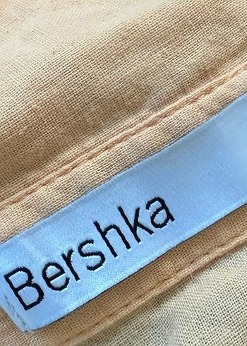 m Beden turuncu Renk Bej Keten Kısa Kollu Düğmeli Gömlek