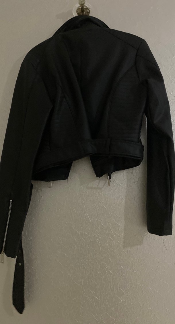 Siyah Deri Kemerli Biker Ceket - Görsel 2