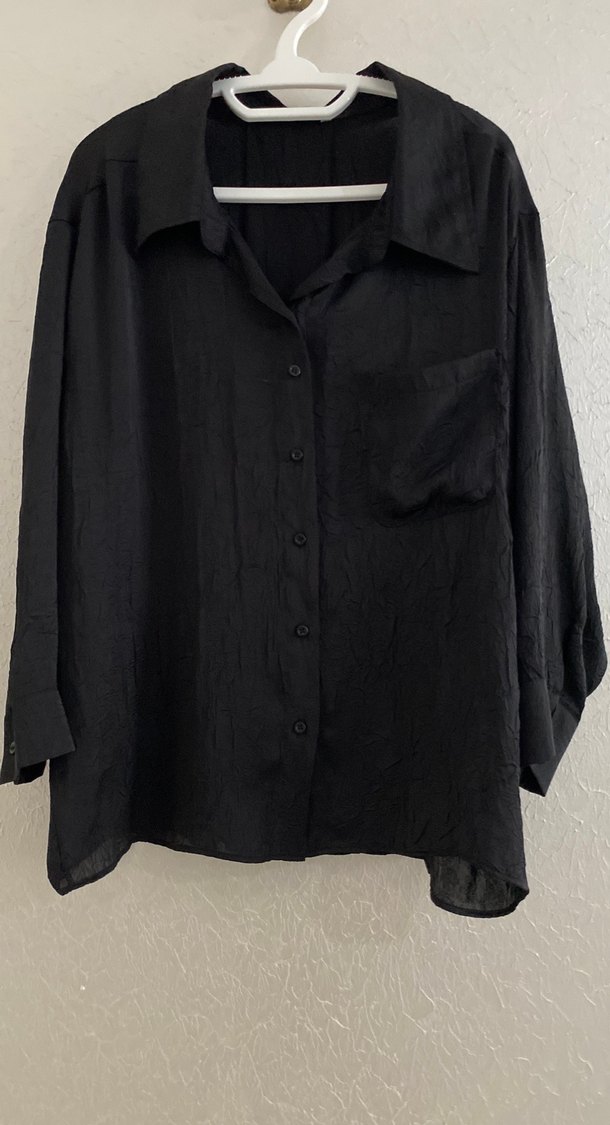 Düğmeli Siyah Keten Kadın Gömlek - Görsel 2