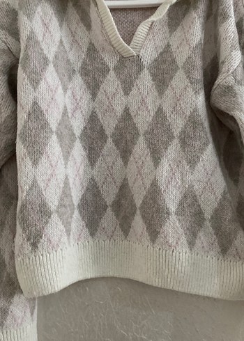 Gri V Yaka Örgü Kadın Kazak - Görsel 2