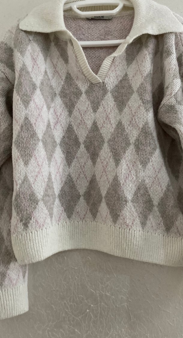 Gri V Yaka Örgü Kadın Kazak - Görsel 2