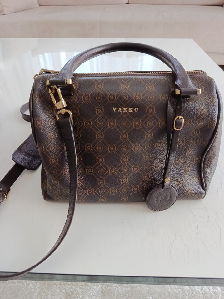 VAKKO Klasik Desenli Kahverengi Deri Çanta - Görsel 4
