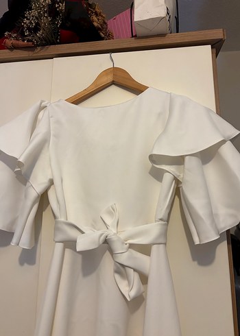 Beyaz Diana Kayık Yaka Midi Abiye Elbise - Görsel 7