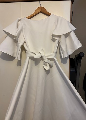 Beyaz Diana Kayık Yaka Midi Abiye Elbise - Görsel 9