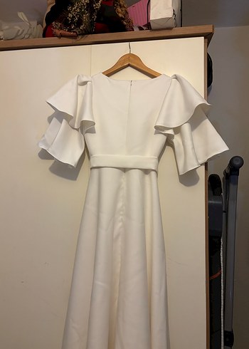 Beyaz Diana Kayık Yaka Midi Abiye Elbise - Görsel 2