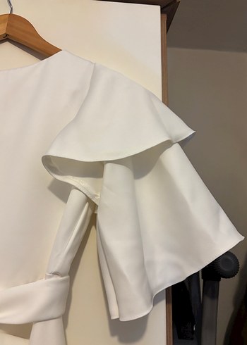 Beyaz Diana Kayık Yaka Midi Abiye Elbise - Görsel 5