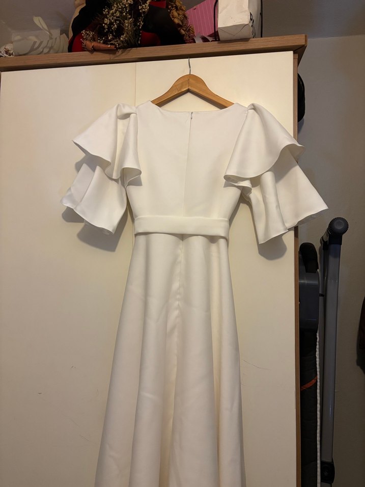 Beyaz Diana Kayık Yaka Midi Abiye Elbise - Görsel 2