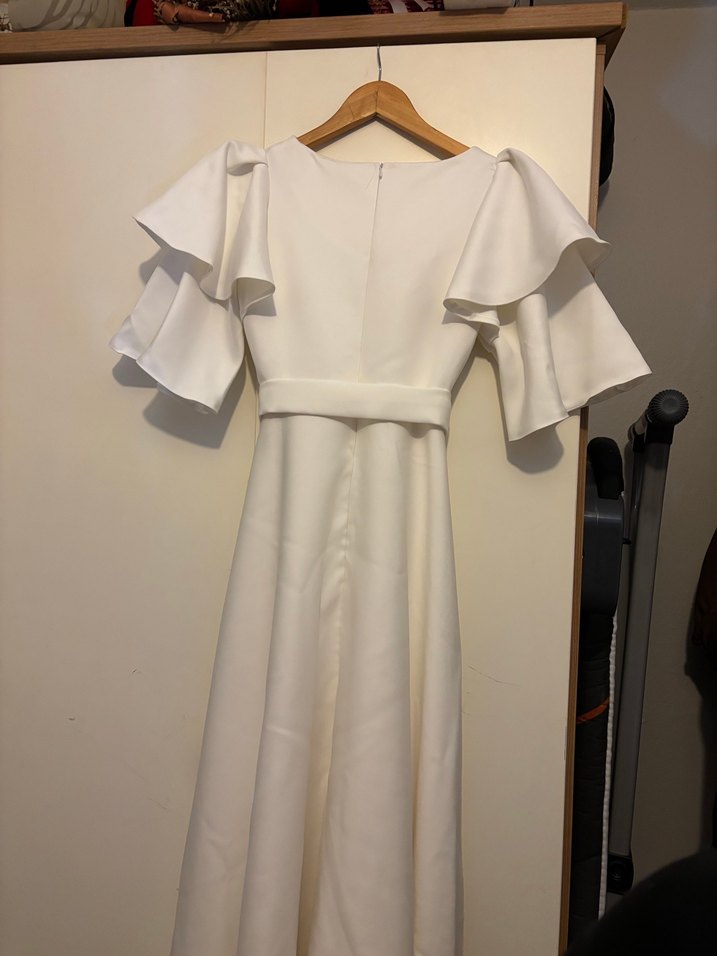 Beyaz Diana Kayık Yaka Midi Abiye Elbise - Görsel 4