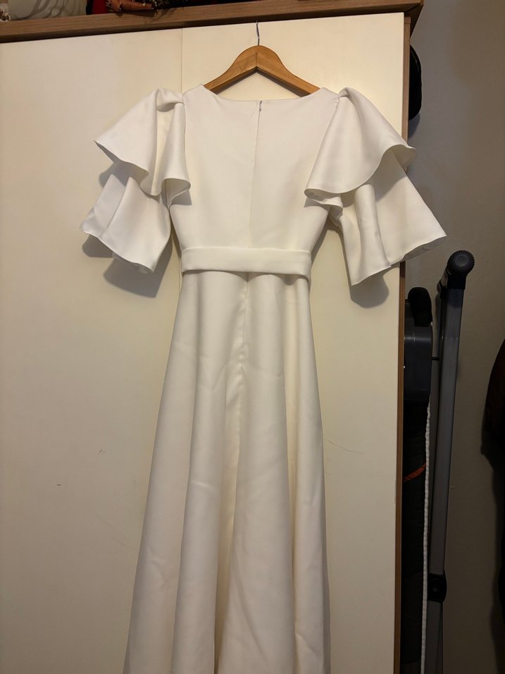 Beyaz Diana Kayık Yaka Midi Abiye Elbise - Görsel 3