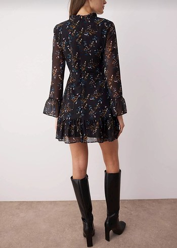 Uzun Kollu Volanlı Siyah Çiçekli Midi Elbise - Görsel 3