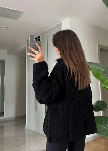 Kadın Siyah Örgü Yarım Fermuarlı Triko - Görsel 2