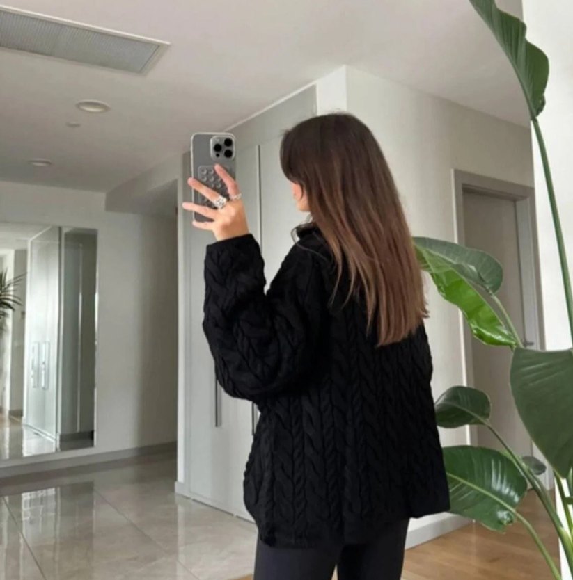 Kadın Siyah Örgü Yarım Fermuarlı Triko - Görsel 2