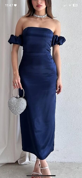 Saten saksı mavisi Abiye Elbise