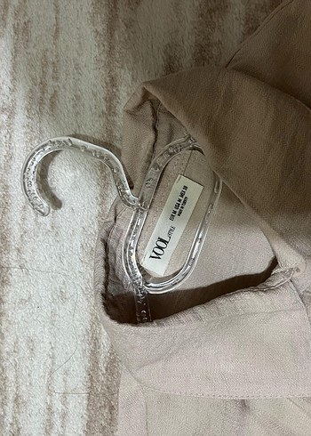 Düğmeli Bej Keten Kısa Kollu Gömlek - Görsel 4