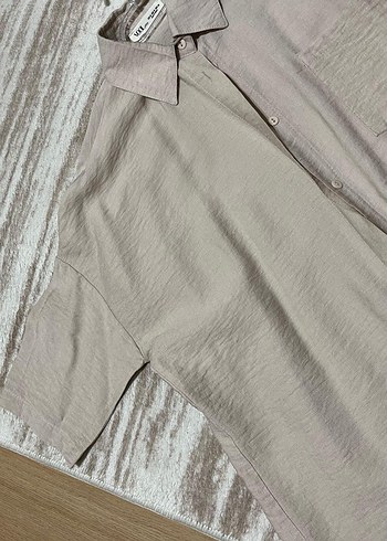 Düğmeli Bej Keten Kısa Kollu Gömlek - Görsel 3