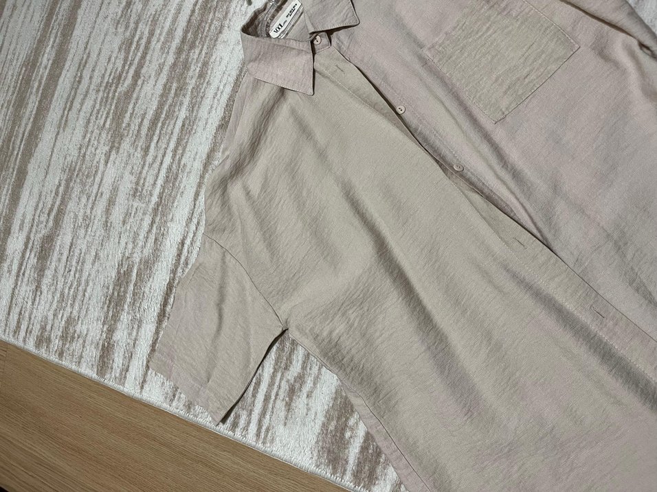 Düğmeli Bej Keten Kısa Kollu Gömlek - Görsel 3