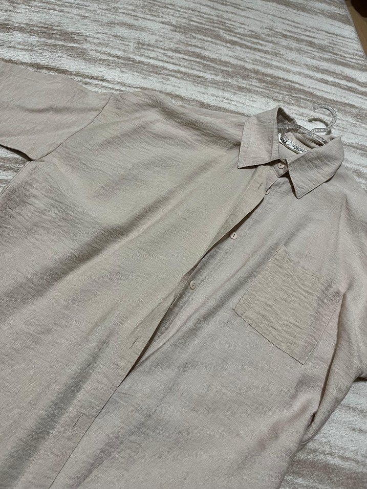 Düğmeli Bej Keten Kısa Kollu Gömlek - Görsel 2